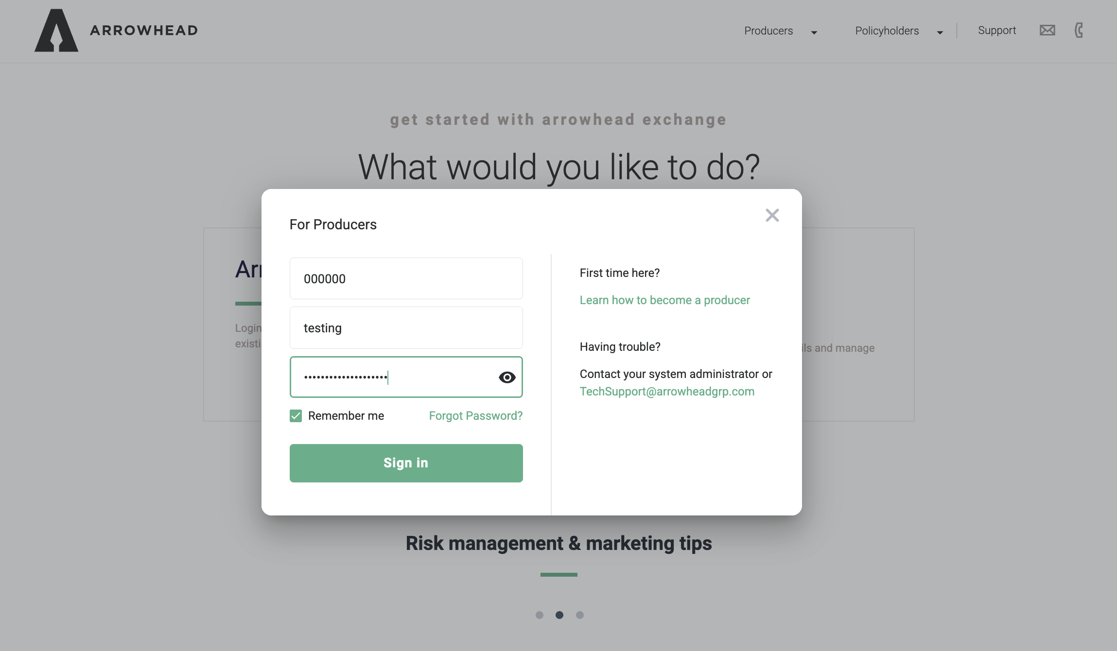Arrowhead Exchange Login Screen