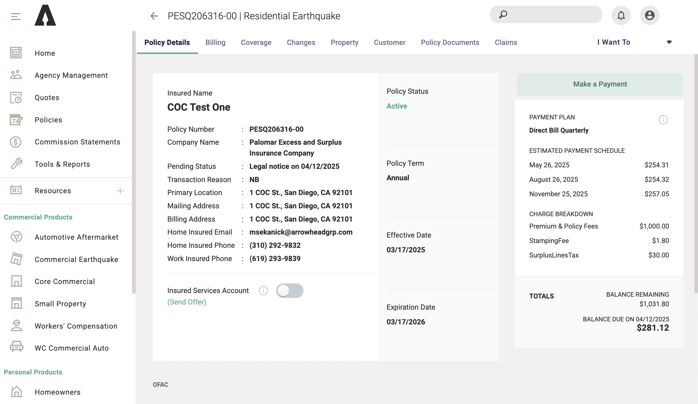 Arrowhead Exchange Policy Details Screen